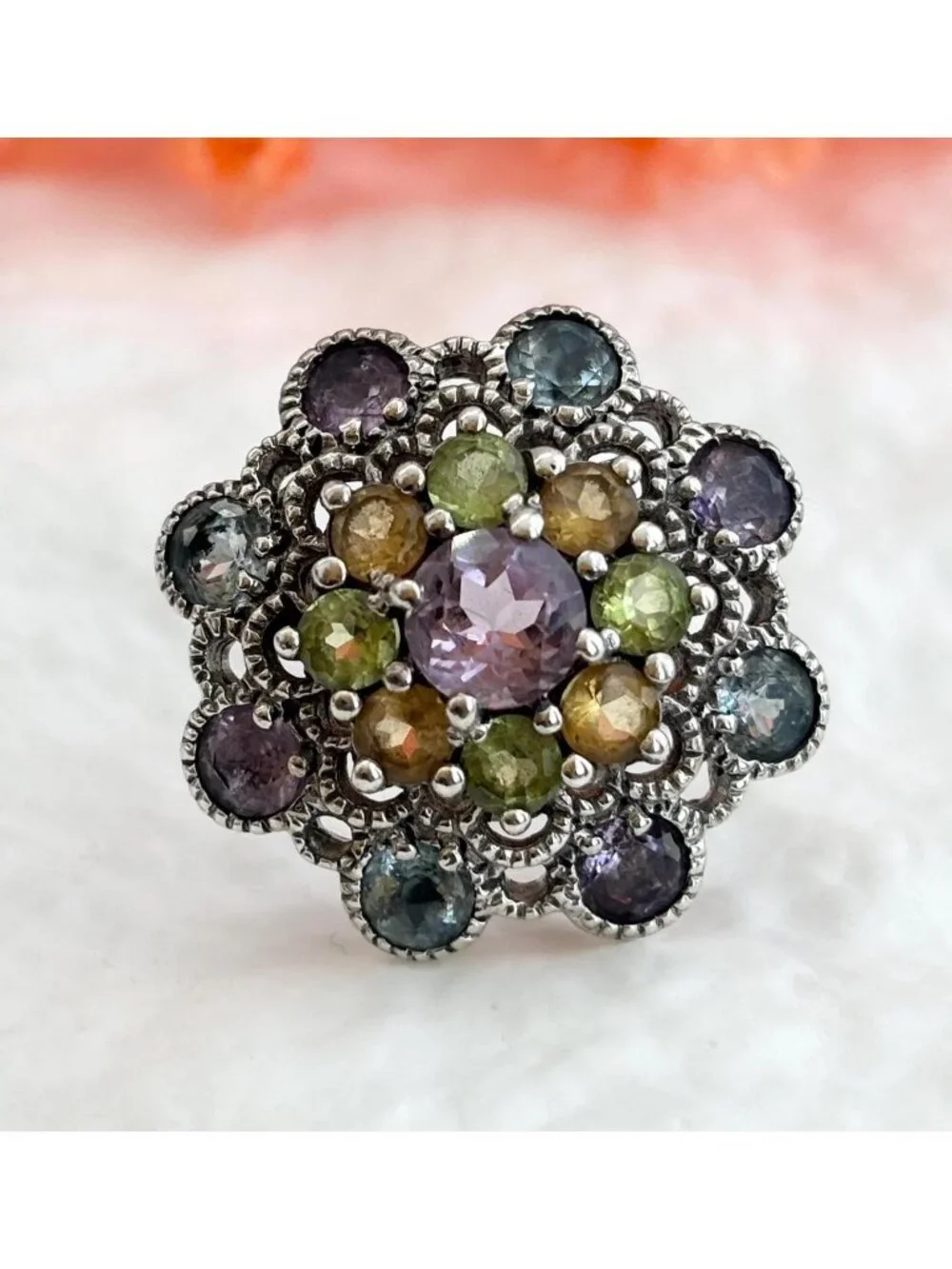 Cluster Rainbow Gemstone Blooming Flower Sterling Silver 925 Vintage Ring - sz 6